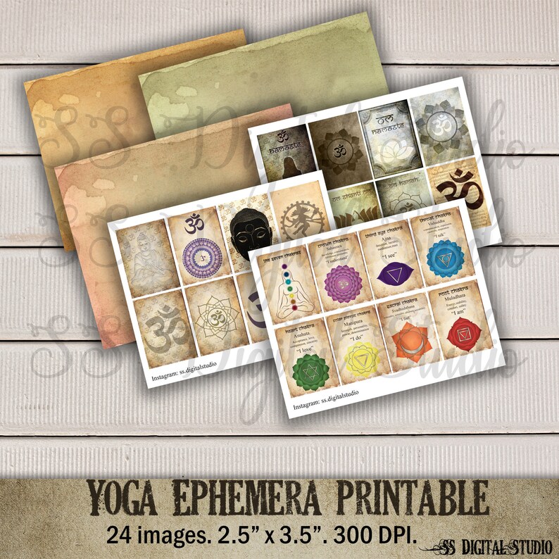 May include: A set of 24 printable yoga ephemera images featuring the Om symbol, chakras, and Sanskrit text. The images are designed in a vintage style with a distressed background. Each image is 2.5 inches by 3.5 inches and 300 DPI.