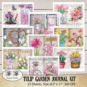 33 Blätter, Tulip garden Journal Kit, Frühling, Sommer Garten Printable Ephemera, Collage Sheet, Papier