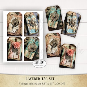 Shabby chic layered tag set. printable tag, ephemera, digital download