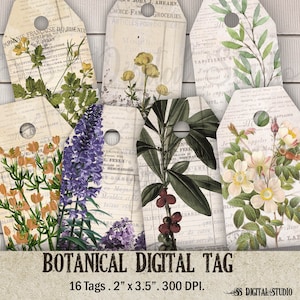 Botanische, Ephemera Tags, Digitale Gift Tags, Afdrukbare Tags, Vintage Tags, Digitale Ephemera, planten, bloem, tag, Scrapbooking, Natuur Tags