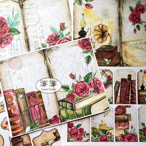Red Roses, Antique, journal page, journal kit, vintage,  Printable Vintage Ephemera, Digital  download