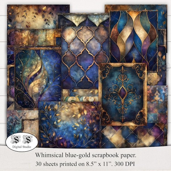 Mystical Whimsy - Printable Blue-Gold Scrapbook Paper