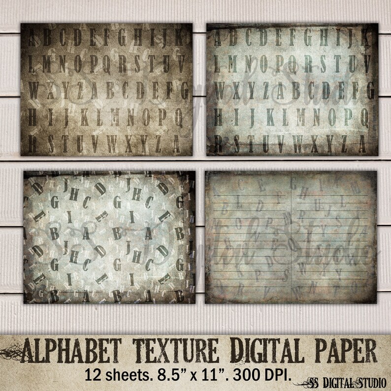 Vintage Alphabet Texture Paper Pack: Grunge Scrapbook Pages (digital ...
