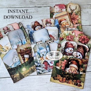 Weihnachtsthemen Taschenseiten mit Tags, Junk Journal Kit, Ephemera, bedruckbares Papier, Collage Blätter, Vintage, digitales Scrapbooking