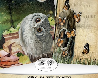 Vintage Owl Journal Paper: Woodland Scrapbook Pages (PDF)
