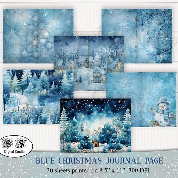 Blue Christmas journal paper, vintage, Junk Journal Kit, Printable Vintage Ephemera, Digital  Ephemera, Journal Supplies