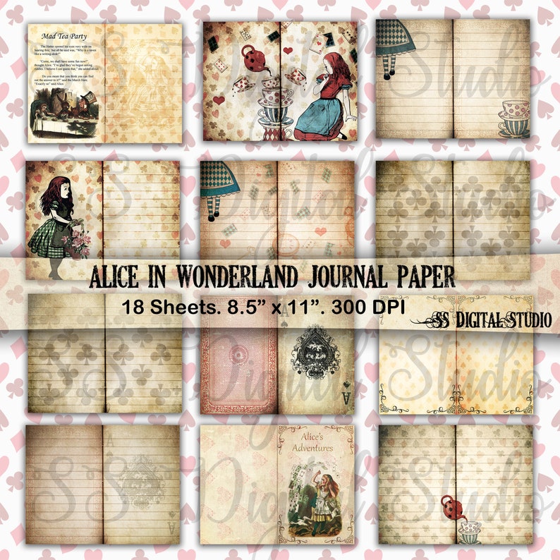 paper pack printable junk journal writing 18 sheets double sided journal page,scrapbook book Alice in wonderland,Landscape page,Paper