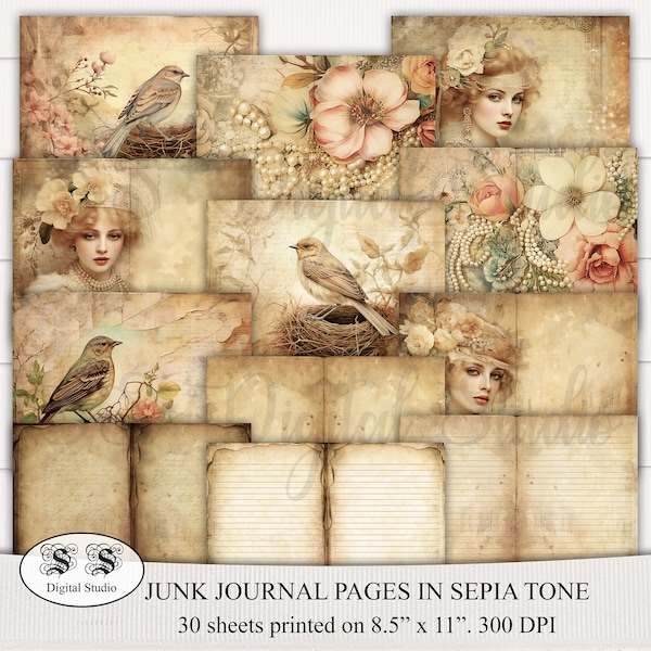 Shabby chic Sepia Tone Charm: Printable Journal Pages