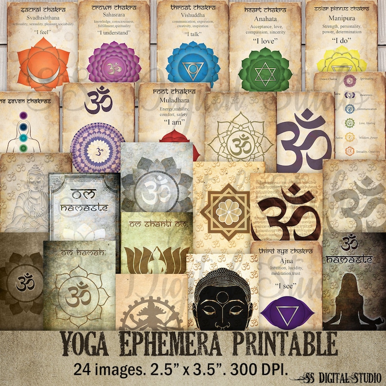 May include: A set of 24 printable yoga ephemera images featuring various symbols, illustrations, and text related to the seven chakras. The images are in a vintage style with a brown and beige background. The images are 2.5 inches by 3.5 inches and 300 DPI.