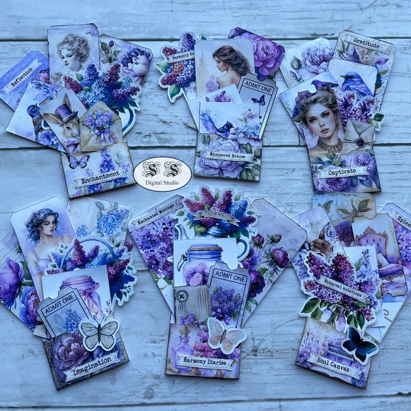 Set of 6 Vibrant Purple Loaded Mini Pocket Tags - Shabby Purple Ephemera, Elegant Collage Sheets - Enchanting Digital Scrapbooking