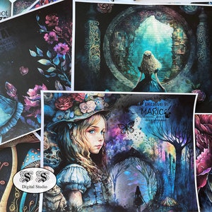 41 Blätter, Alice im Wunderland, Fantasyland, Junk Journal Seiten, dekorativ, druckbar, Papierpackung, scrapbook