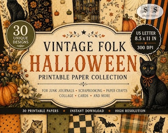 Vintage Folk Halloween Digital Paper Pack, 30 Junk Journal Pages (Digital Download)