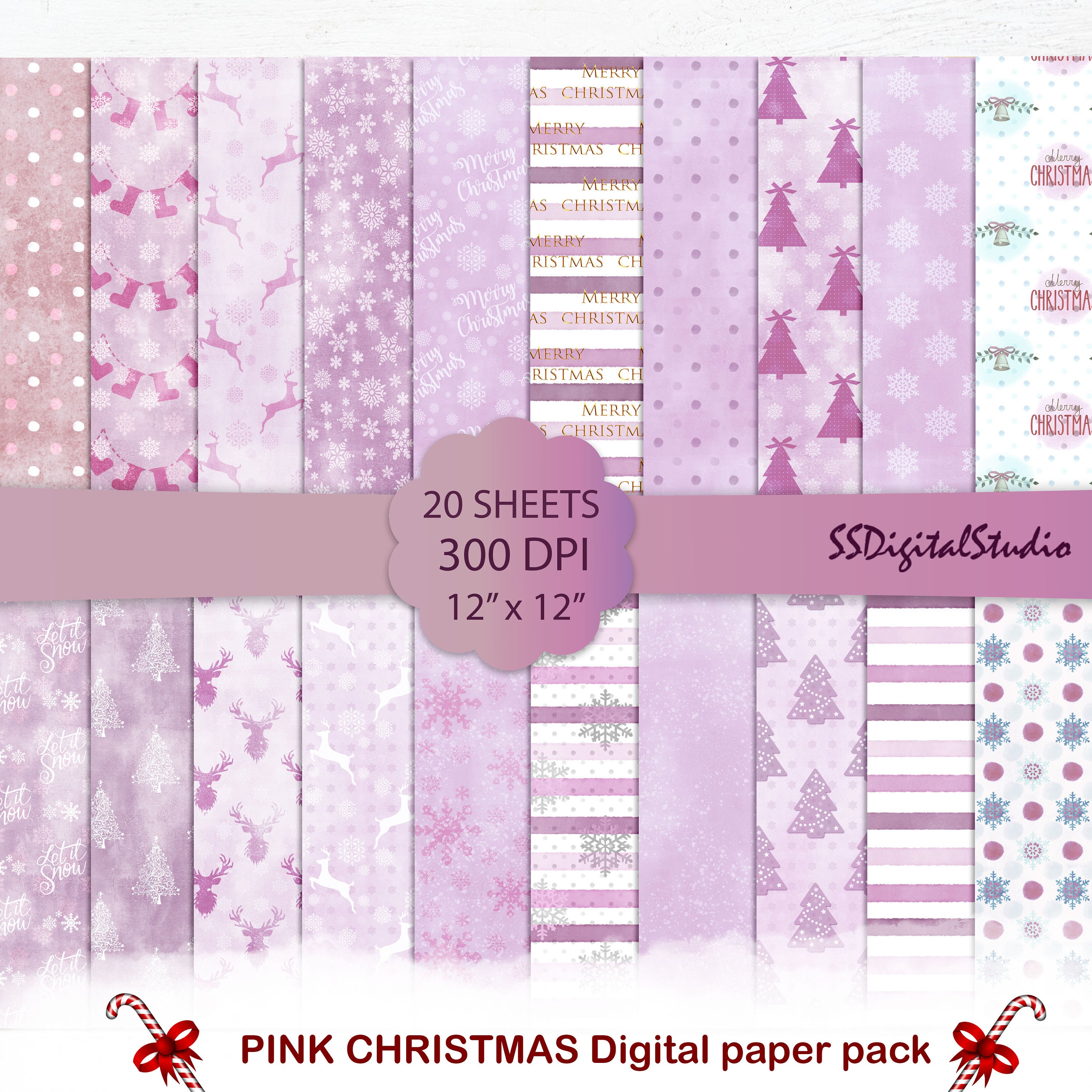 Christmas Pink Digital Paper Pack Card Making Back Ground Etsy