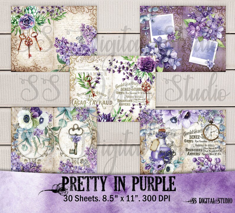 Lilac Lavender Succulent Purple Violet Garden Journal Kit Vintage Printable Ephemera Collage Paper image 8