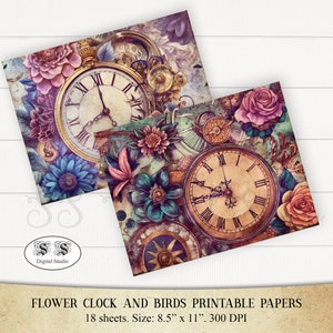 May include: Two digital printable papers featuring a vintage clock and floral designs. The papers are 8.5 inches by 11 inches and 300 DPI. The papers are perfect for scrapbooking, card making, and other craft projects.