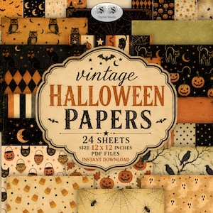 May include: A collection of digital patterned papers featuring Halloween themes including black cats, owls, pumpkins, ghosts, spiders, and bats. The central label reads vintage HALLOWEEN PAPERS 24 SHEETS SIZE 12 x 12 INCHES PDF FILES INSTANT DOWNLOAD.