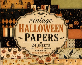 Vintage Halloween Digital Papers, 24 Printable 12x12 Scrapbook Sheets, PDF