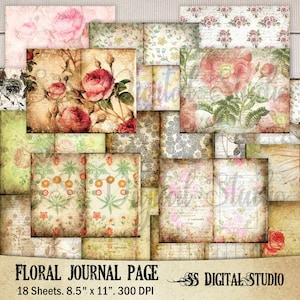 18 Bögen Blumen Papier, Vintage, shabby, rose, Papier, digital, Papier, Junk Journal, Scrapbook, zum Basteln, Scrapbook, zum ausdrucken, download,kommerziell.