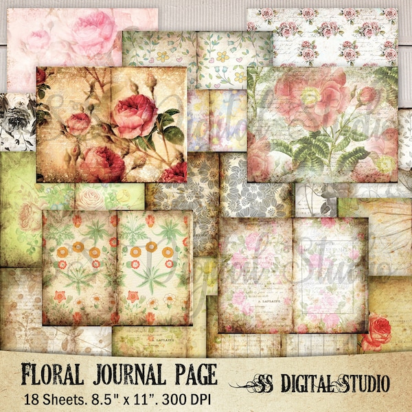 18 sheets floral paper,  Vintage, shabby, rose, paper, digital, junk journal background, craft, scrapbook, download, Commercial use.