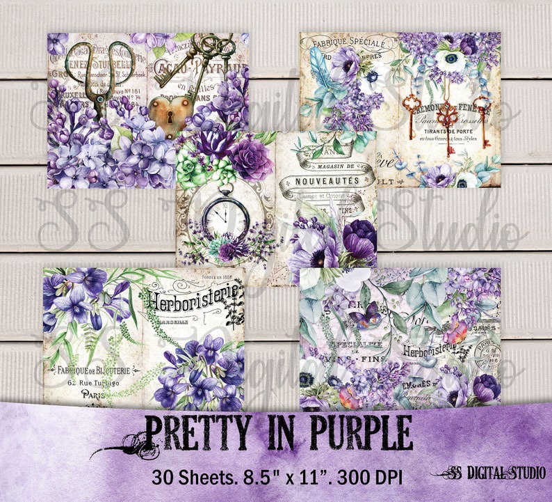 Lilac Lavender Succulent Purple Violet Garden Journal Kit Vintage Printable Ephemera Collage Paper image 4