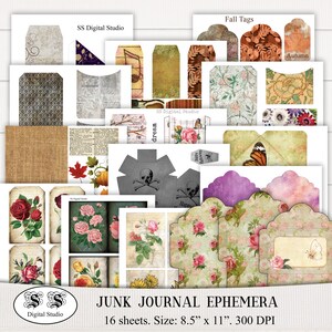 Junk Journal Ephemera: Verschiedene Tags und Umschläge (Digitaler Download)