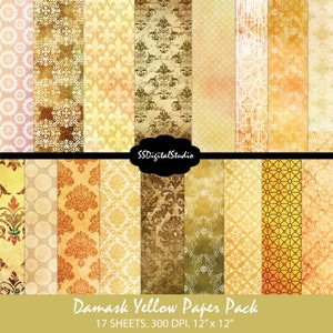 Carton numérique Damask jaune, pack de cartes, back ground, scrapbook, imprimable, artisanat, scrapbook, téléchargement, utilisation commerciale.