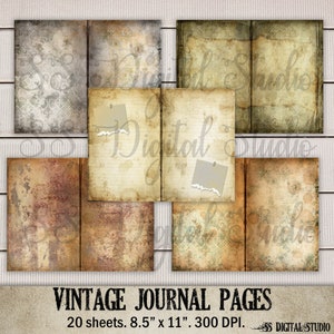 May include: Twenty vintage journal pages with distressed and aged textures. Each page is 8.5 inches by 11 inches and 300 DPI.