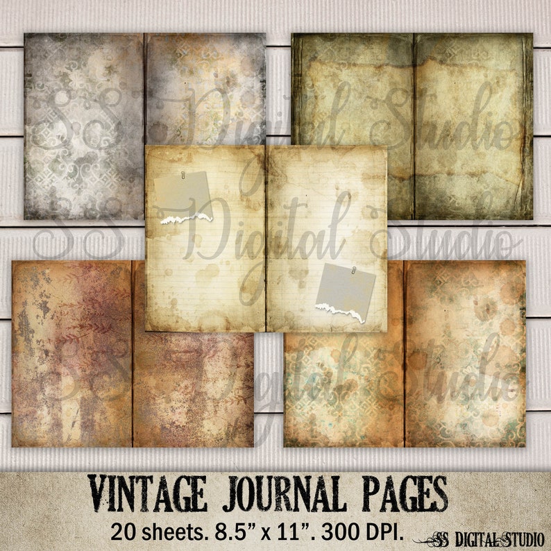 May include: Twenty vintage journal pages with distressed and aged textures. Each page is 8.5 inches by 11 inches and 300 DPI.