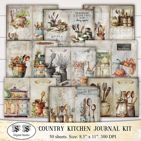 Country kitchen journal kit, journal page, journal kit, vintage, Printable Vintage Ephemera, Digital  download