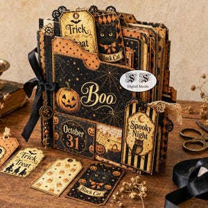 May include: A Halloween-themed scrapbook featuring a black cover with a pumpkin illustration, the text Boo, and October 31. It includes decorative tags with black cats, owls, and Trick or Treat text, accented with black ribbons and lace details.