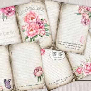 Peonie che scrivono pagine di diario, Paesaggio, foderato, download digitale, stampabile, pacchetto di carta, fronte-retro, diario spazzatura semplice vintage