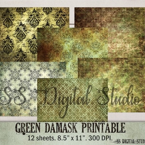 Green Damask Digital Paper: Vintage Scrapbook Printable (Digital Download)
