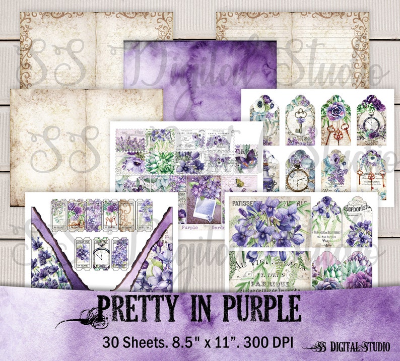 Lilac Lavender Succulent Purple Violet Garden Journal Kit Vintage Printable Ephemera Collage Paper image 10