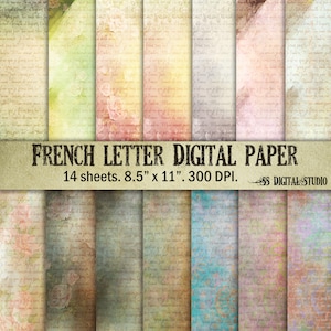 Carta francesa, Antigua, vintage, papel de diario basura, Transcripción, nota con guion, decoupage, arte, carta, digital, papel de álbum de recortes, fabricación de tarjetas
