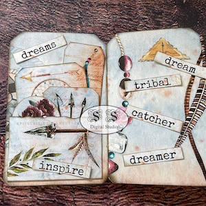Estilo Boho, nativo americano, apanhador de sonhos, indiano, mandala, rústico, kit de diário sujo, coisas efêmeras vintage para impressão, download digital