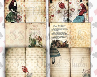 Może przedstawiać: Zestaw do druku cyfrowego papieru do scrapbookingu z ilustracjami i tekstem w stylu Alicji w Krainie Czarów. Papier zawiera obrazy Alicji, Szalonego Kapelusznika i Królowej Kier. Tekst zawiera cytaty z książki, takie jak "Przygody Alicji" i "Szalona herbata".