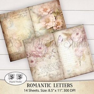 14 hojas de papel de diario Elegant Romantic, rosa, capas grunge, kit Ephemera. kit de adornos imprimible.