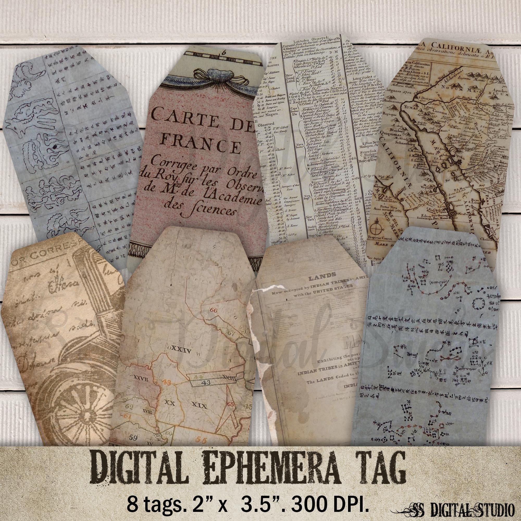 Vintage Map Ephemera Tags: Junk Journal Scrapbooking (digital Download ...
