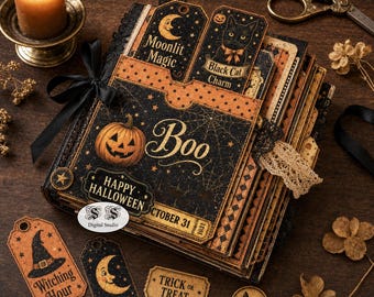 Puede incluir: Un álbum de recortes con temática de Halloween que presenta una cubierta negra con una ilustración de calabaza, los textos "Boo", "Happy Halloween" y "October 31". Incluye etiquetas decorativas "Moonlit Magic", "Black Cat Charm" y "Witching Hour".