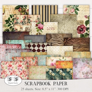 25 hojas, vintage, desgastado, rosa, papel, digital, fondo, fabricación de tarjetas, papel de diario basura, manualidades, álbum de recortes, DESCARGA INSTANTÁNEA