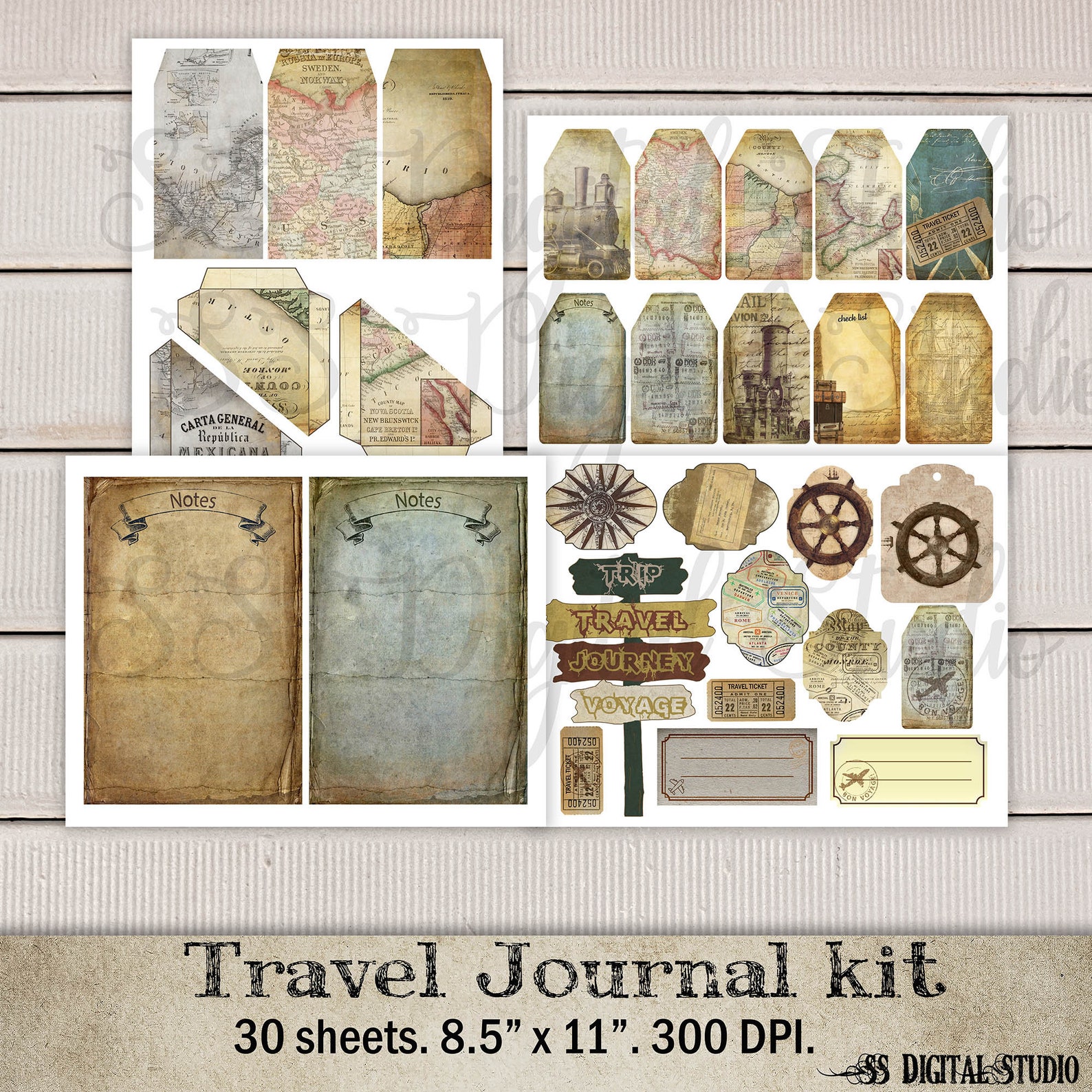 Travel Journal Kit Map Printable Journal Vintage Journal Etsy