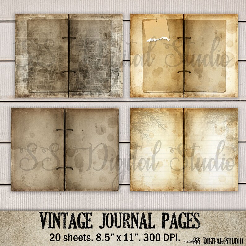 May include: Twenty sheets of vintage journal pages with a distressed, aged look. Each sheet measures 8.5 inches by 11 inches and has a 300 DPI resolution.