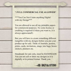 May include: A printable paper commercial use license agreement. The text states that you can use the designs for commercial purposes, but you cannot create digital products with them. You must create a tangible product, such as journals, posters, prints, cards, invitations, mugs, tote bags, boxes, stickers, or planners. The license also states that you must credit the designer and that the designs must be handmade.