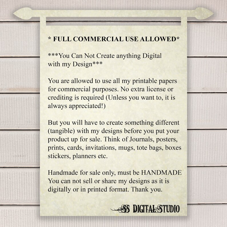 May include: A printable paper commercial use license agreement. The text states that you can use the designs for commercial purposes, but you cannot create digital products with them. You must create a tangible product, such as journals, posters, prints, cards, invitations, mugs, tote bags, boxes, stickers, or planners. The license also states that you must credit the designer and that the designs must be handmade.