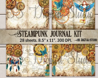 28 sheets Steampunk, Time, Junk journal kit, printable journal,  Antique, Rusty, Grunge, printable paper,