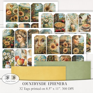 Cottage Lane Junk Journal Ephemera | étiquettes à imprimer vintage, papeterie Cottage core, kit de papier shabby chic, fournitures de scrapbooking et de collage