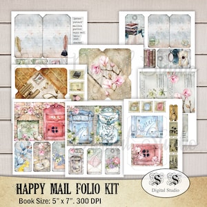 May include: A digital scrapbooking kit with a vintage mail theme. The kit includes images of mailboxes, envelopes, stamps, and flowers. The text "HAPPY MAIL FOLIO KIT" and "Book Size: 5" x 7" 300 DPI" is included in the image.