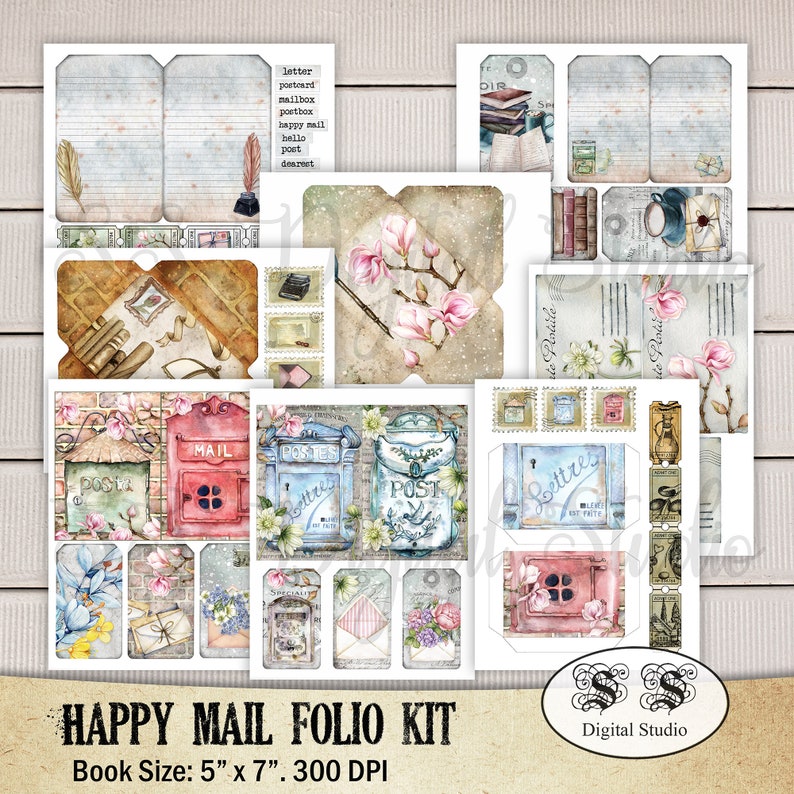 May include: A digital scrapbooking kit with a vintage mail theme. The kit includes images of mailboxes, envelopes, stamps, and flowers. The text "HAPPY MAIL FOLIO KIT" and "Book Size: 5" x 7" 300 DPI" is included in the image.