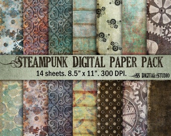 Steampunk Digital Paper: Rusty Grunge Textures, Scrapbook Backgrounds (Digital Download)