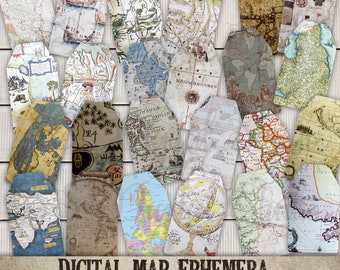 Map, Ephemera Tags, Digital Gift Tags, Printable Tags, Vintage Tags, Digital Ephemera, junk  journal, tag, Scrapbooking, travel Tags